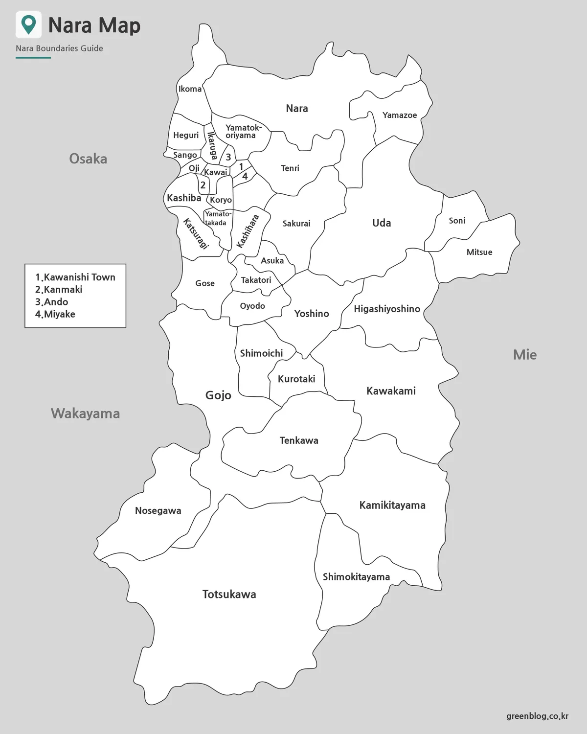 Printable black and white Nara Prefecture map with labels