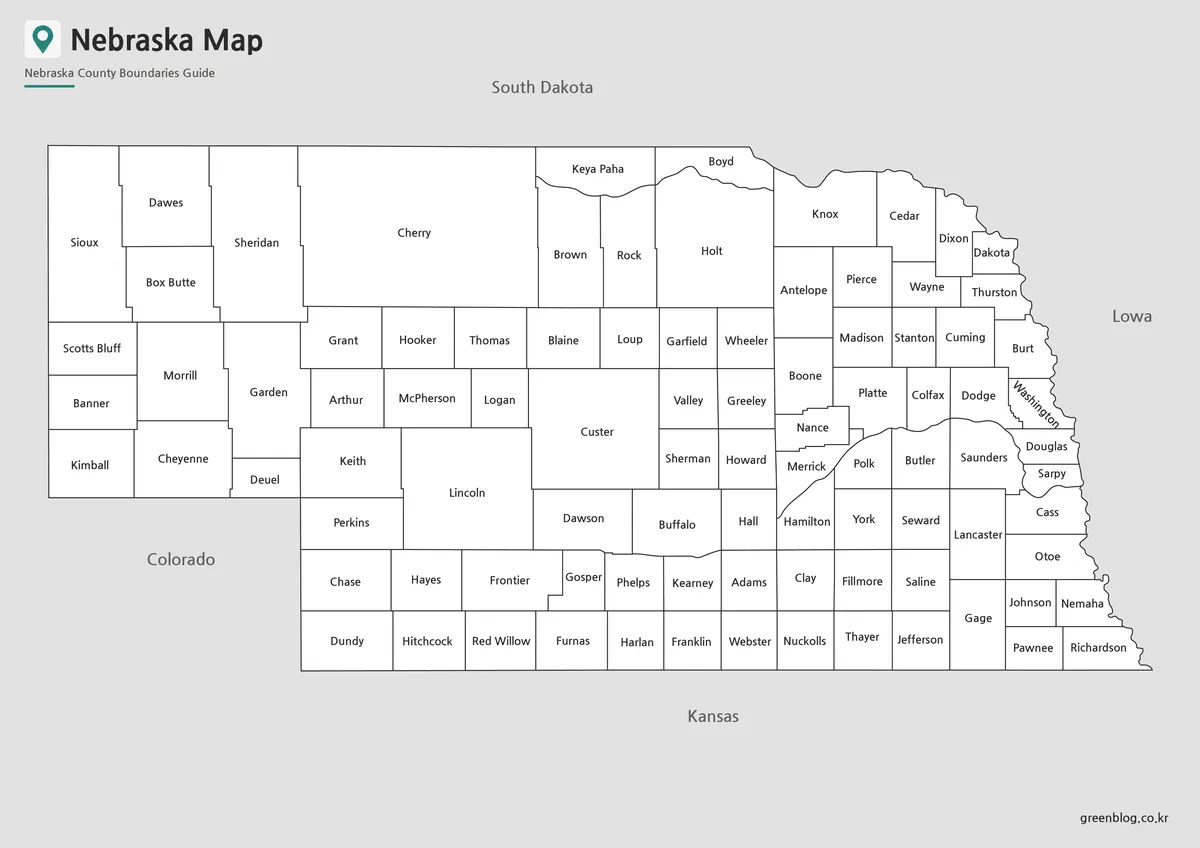 Printable black and white Nebraska Map with county labels for classroom handouts and presentation materials.