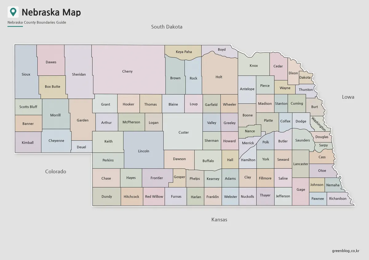 High-resolution Nebraska Map with color-coded county boundaries for printing and educational use.