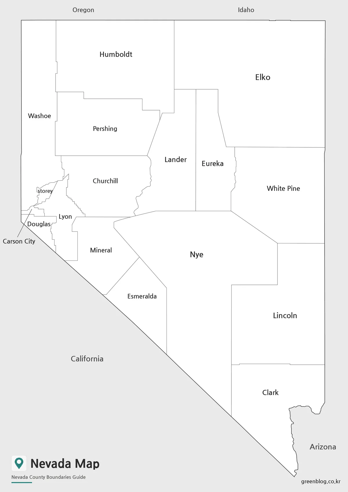 Printable Nevada county map with labeled boundaries in black and white.