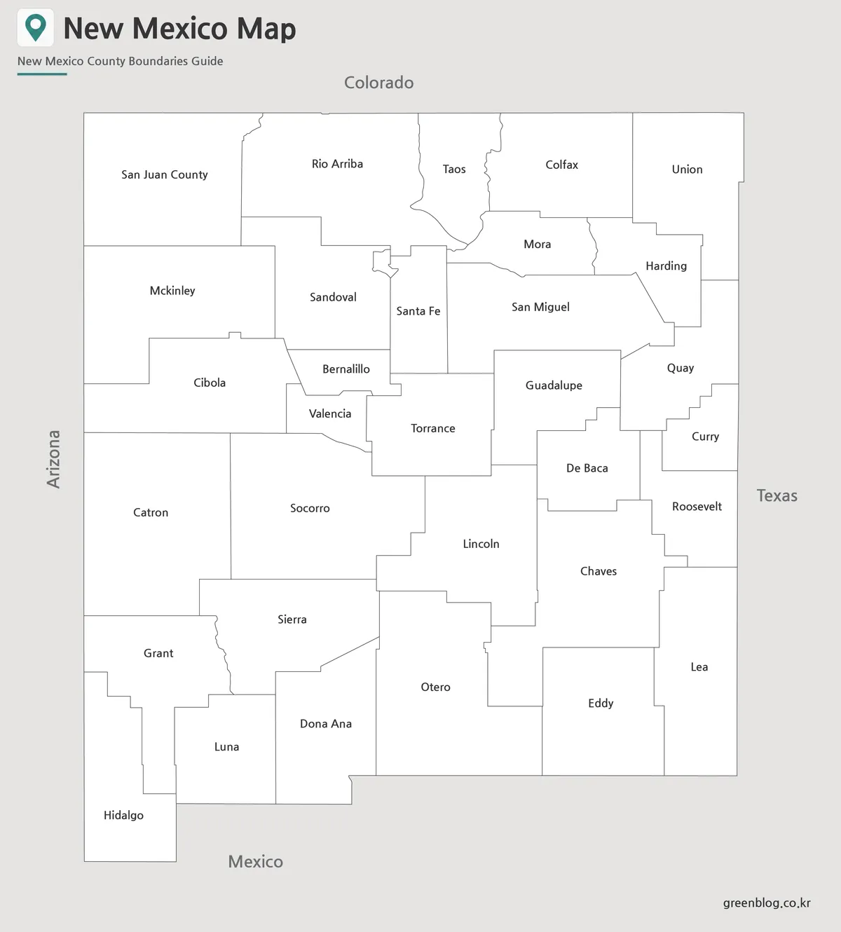Printable black and white New Mexico county map for documents, handouts, and classroom materials.