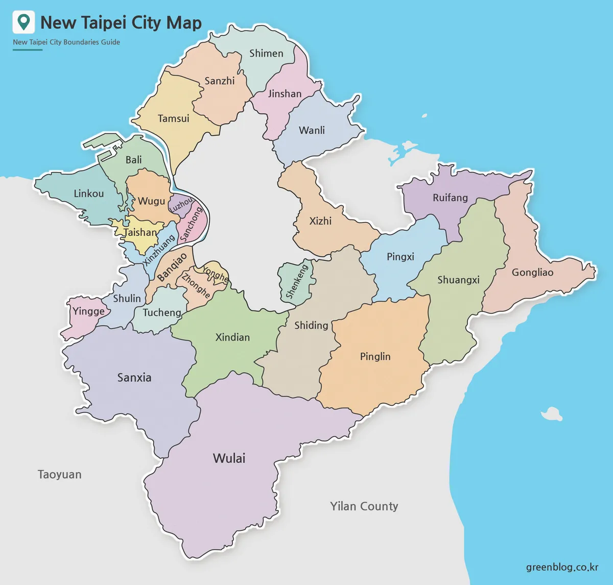 Printable New Taipei City Map showing district boundaries around Taipei City