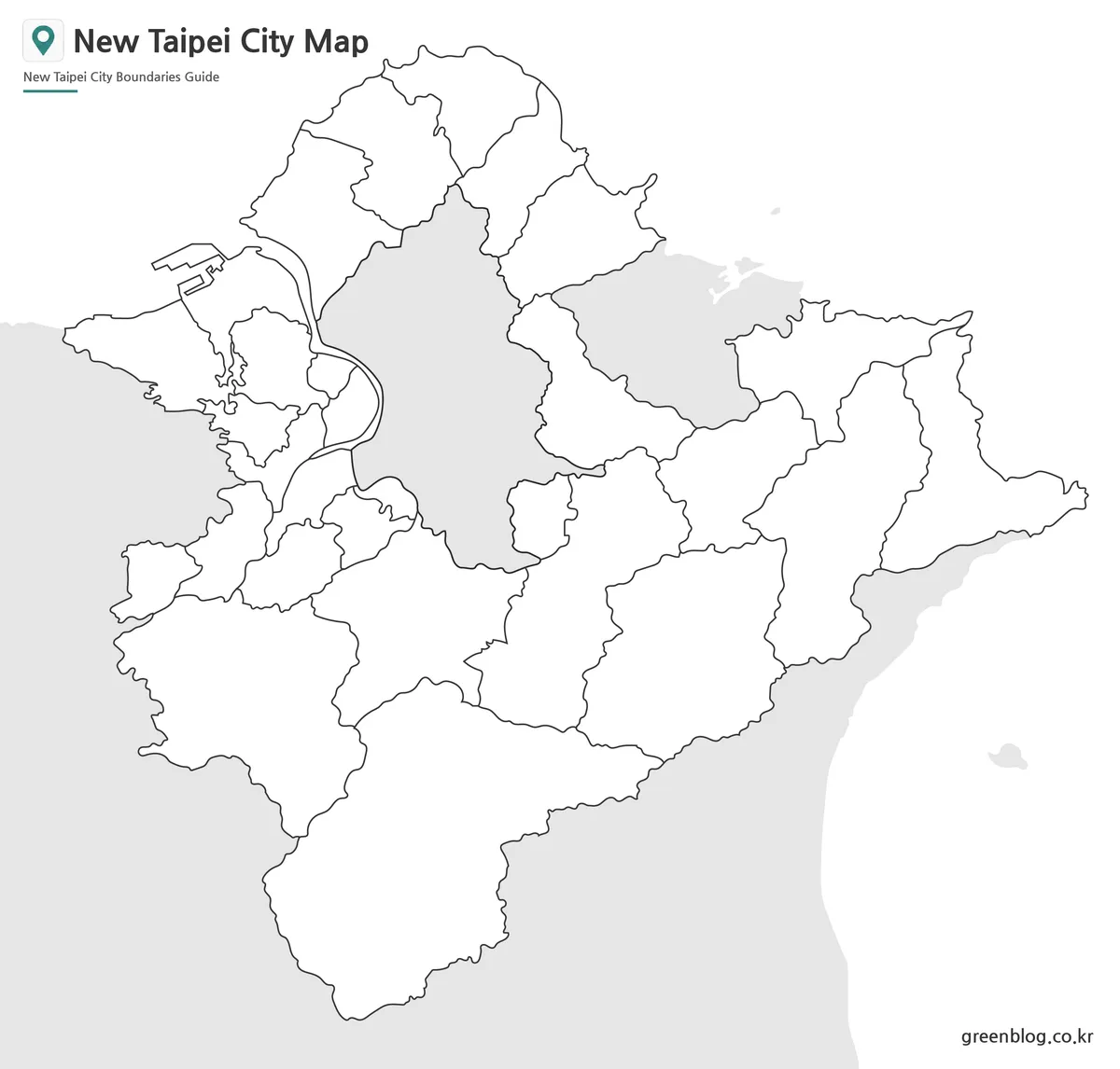 Editable New Taipei City outline map with district boundary lines for design and educational use.