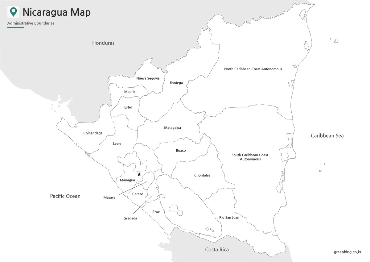 Printable black and white Nicaragua map with regional boundaries for classroom and document use.