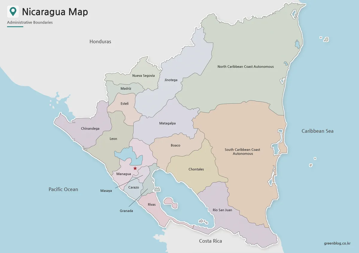 Printable Nicaragua map with color-coded administrative regions and Managua marked as the capital.