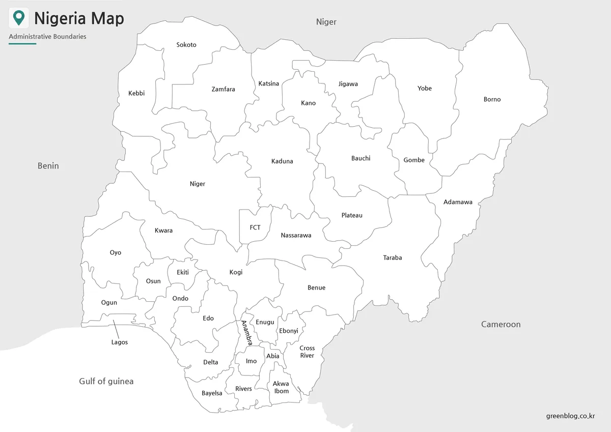 Black and white Printable Nigeria Map with state boundaries for classroom and presentation use.
