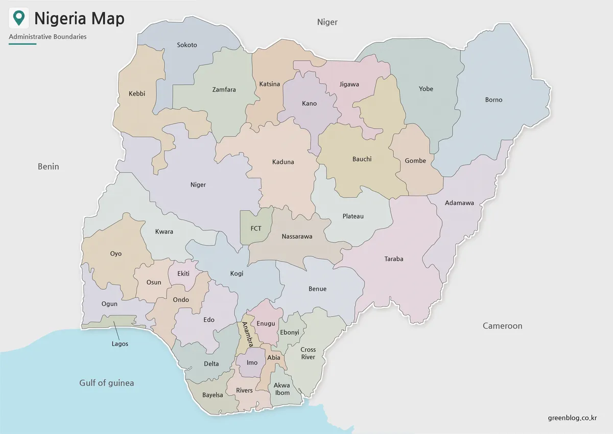 Printable Nigeria Map with color-coded states, Abuja, and neighboring country labels.