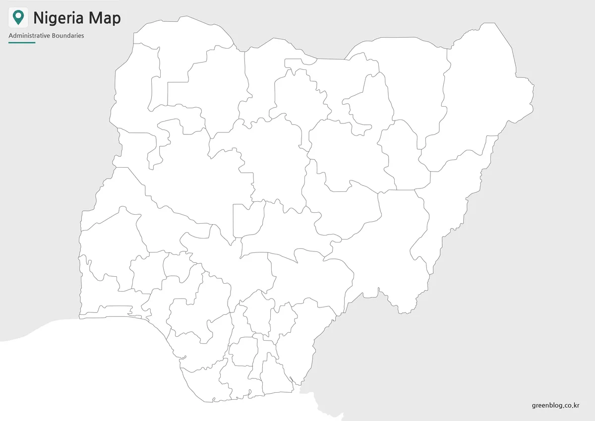 Nigeria outline map with blank state boundaries for editing and educational worksheets.