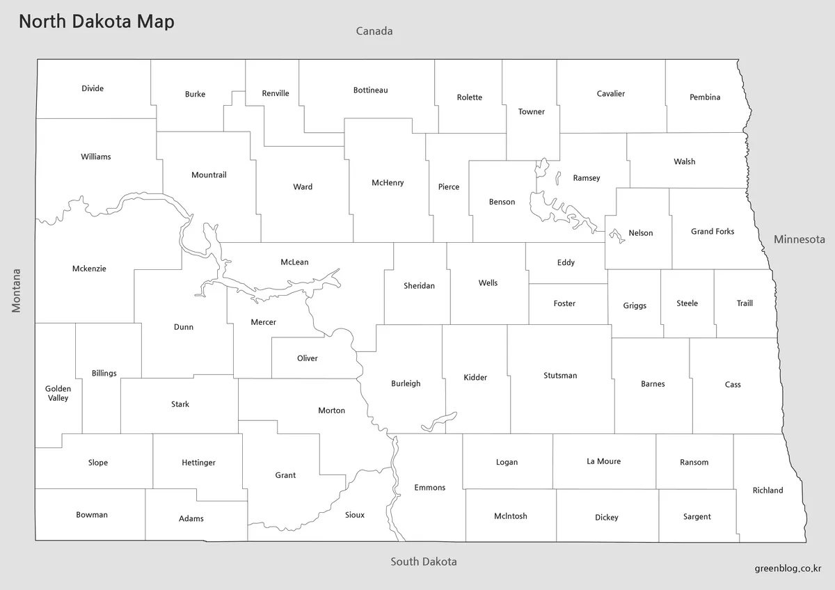 Printable North Dakota county map with labeled boundaries in black and white.