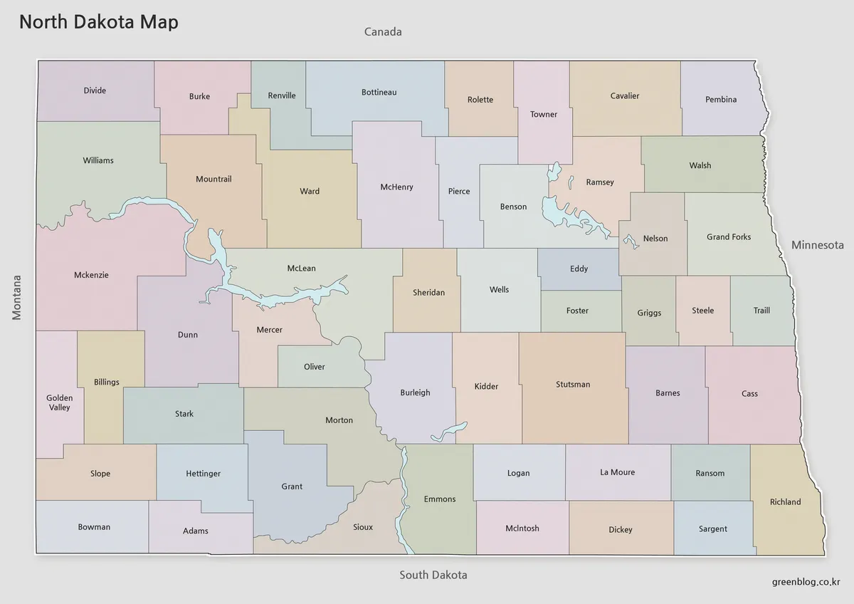 High-resolution North Dakota Map with color-coded county boundaries for classroom and presentation use.