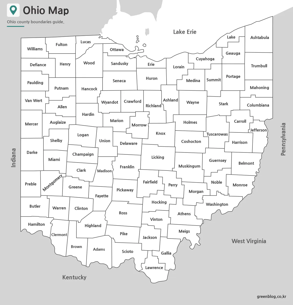 Ohio Map showing county names and boundaries for classroom printing.