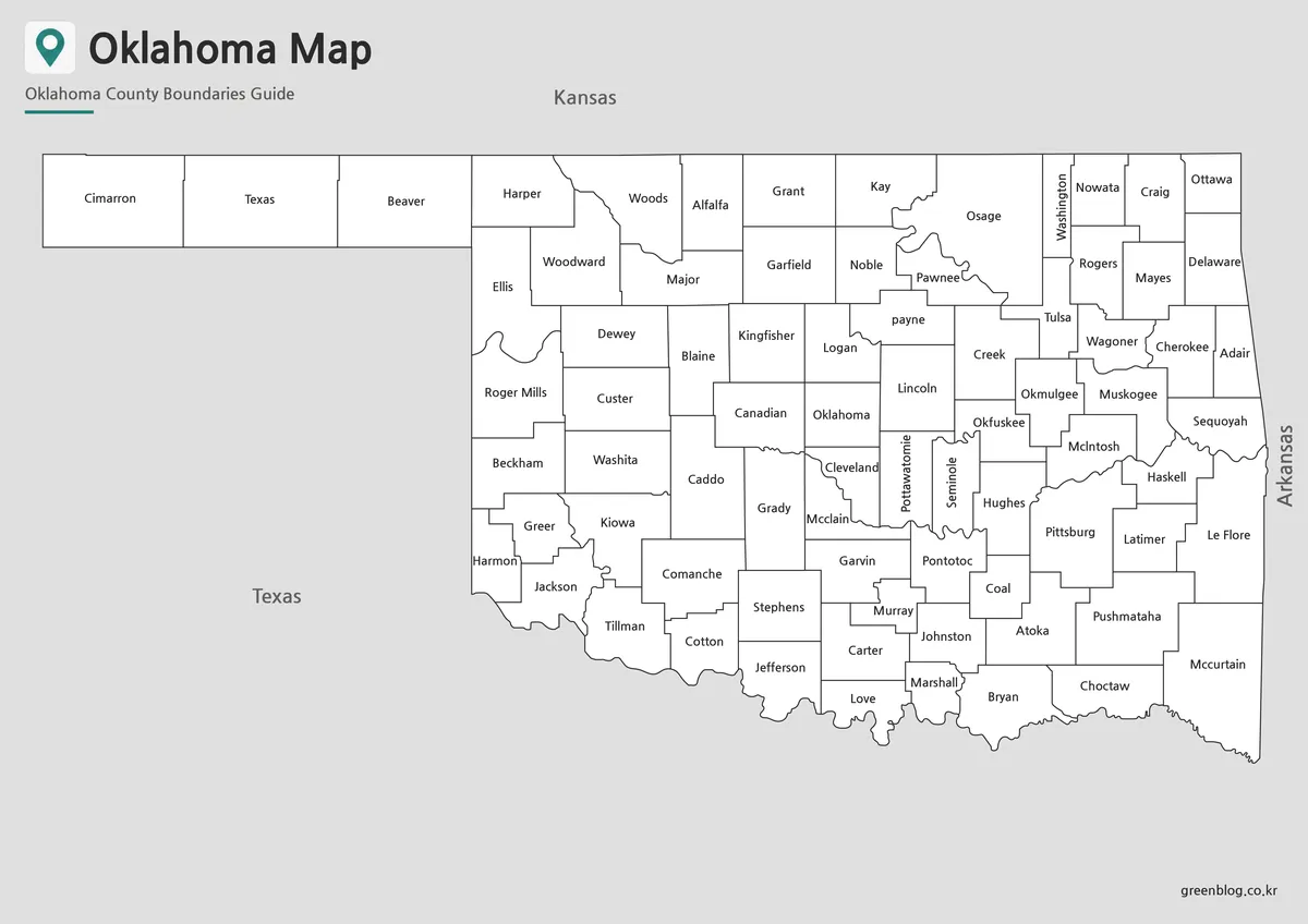 Black and white Printable Oklahoma Map with labeled county boundaries for printing.