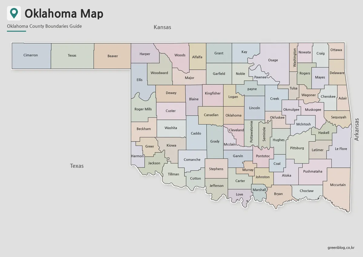 Printable Oklahoma Map collection with color, black and white, and outline county map versions