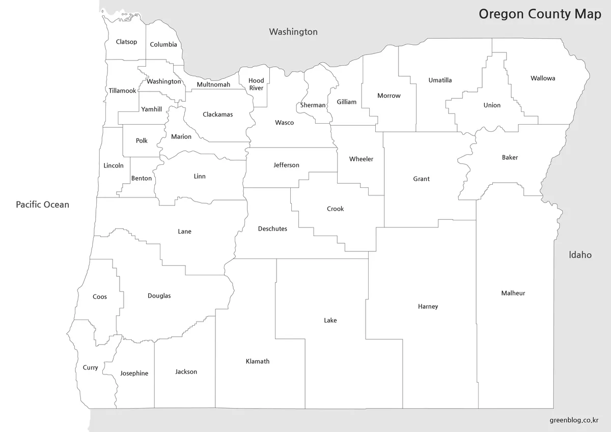 Black and white Printable Oregon Map with labeled county boundaries for printing and worksheets.