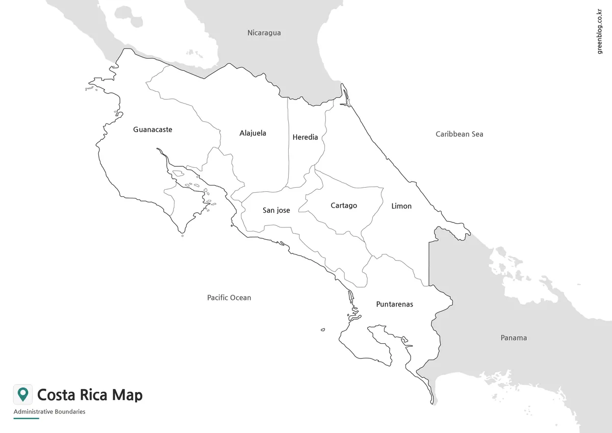 Printable black and white Costa Rica Map with regional labels for classroom and presentation use.