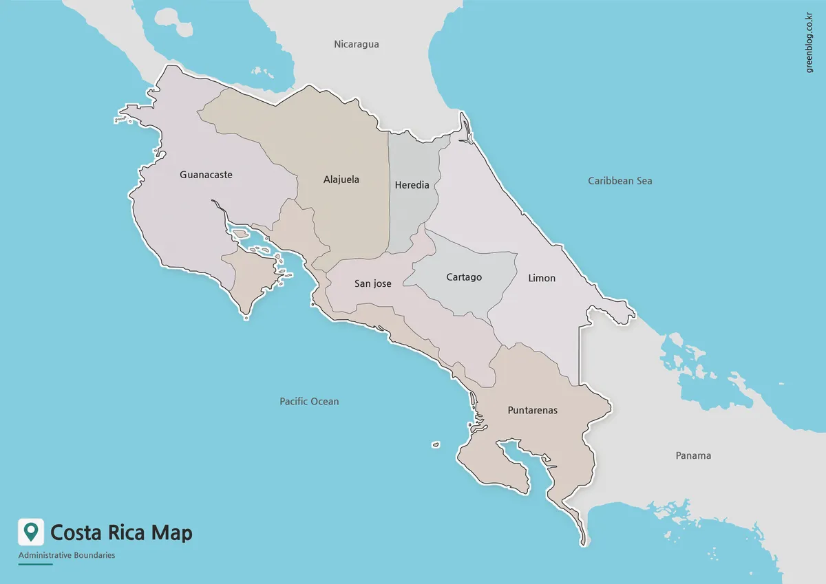 Printable Costa Rica Map collection with color, black and white, and outline versions for classroom, presentation, and editing use.