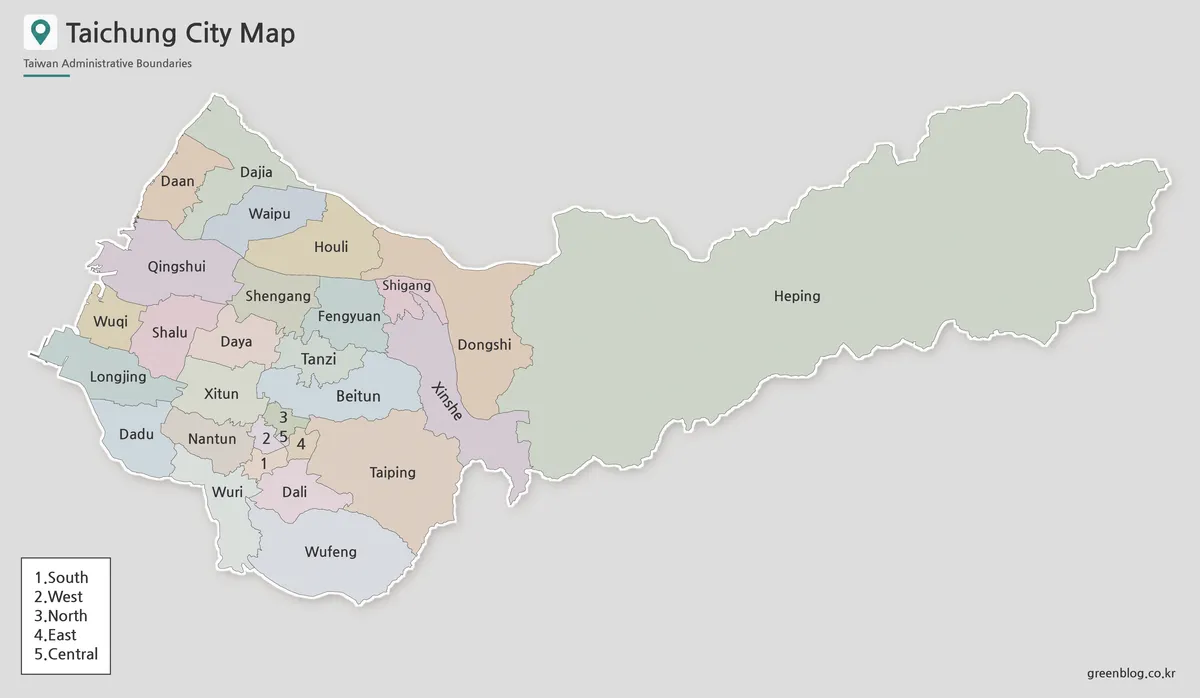 Taichung City Map with district boundaries in color, black and white, and outline versions
