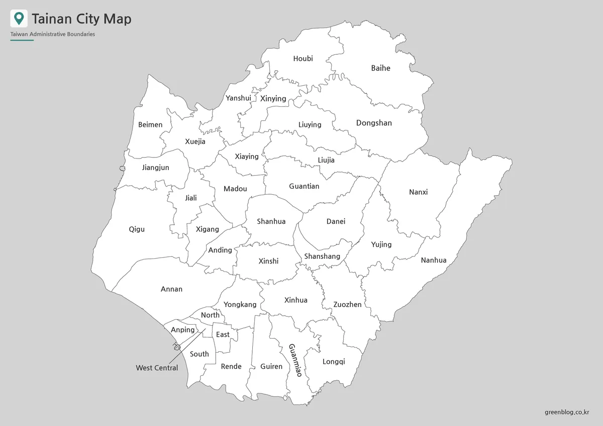 Printable black and white Tainan City Map with district labels and boundary lines