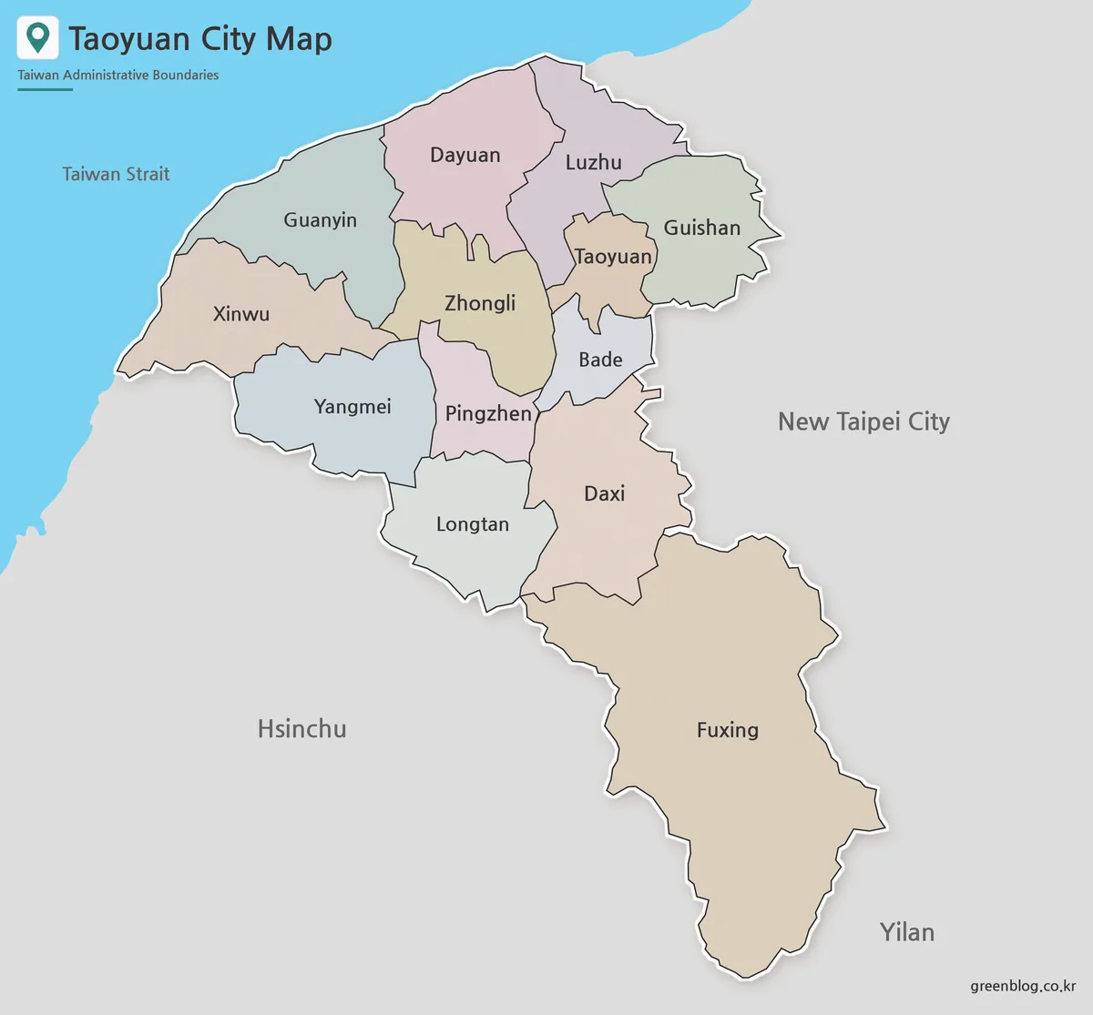 Printable Taoyuan City Map with district boundaries in color, black and white, and outline versions