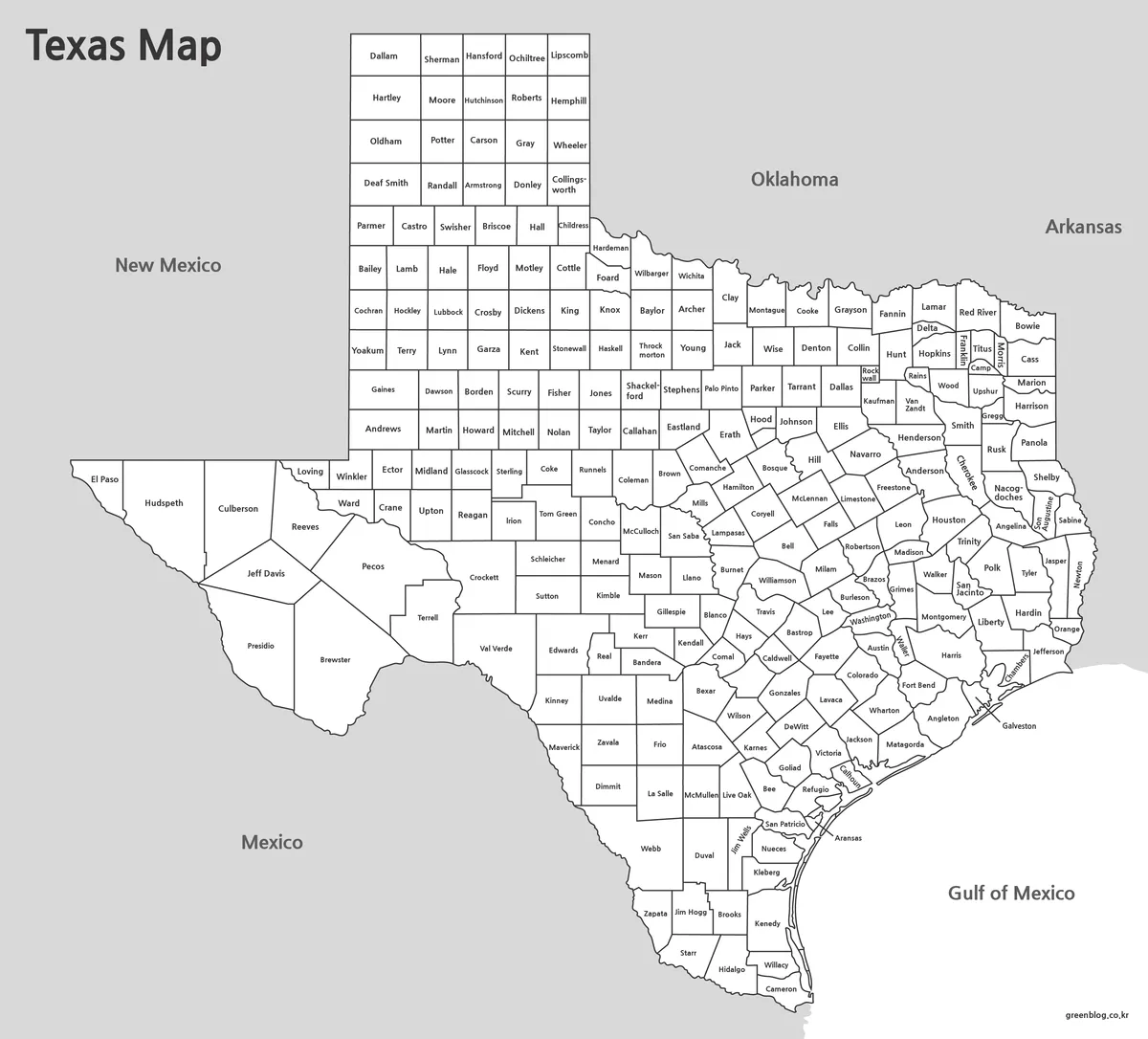 Printable black and white Texas map with county boundary lines.