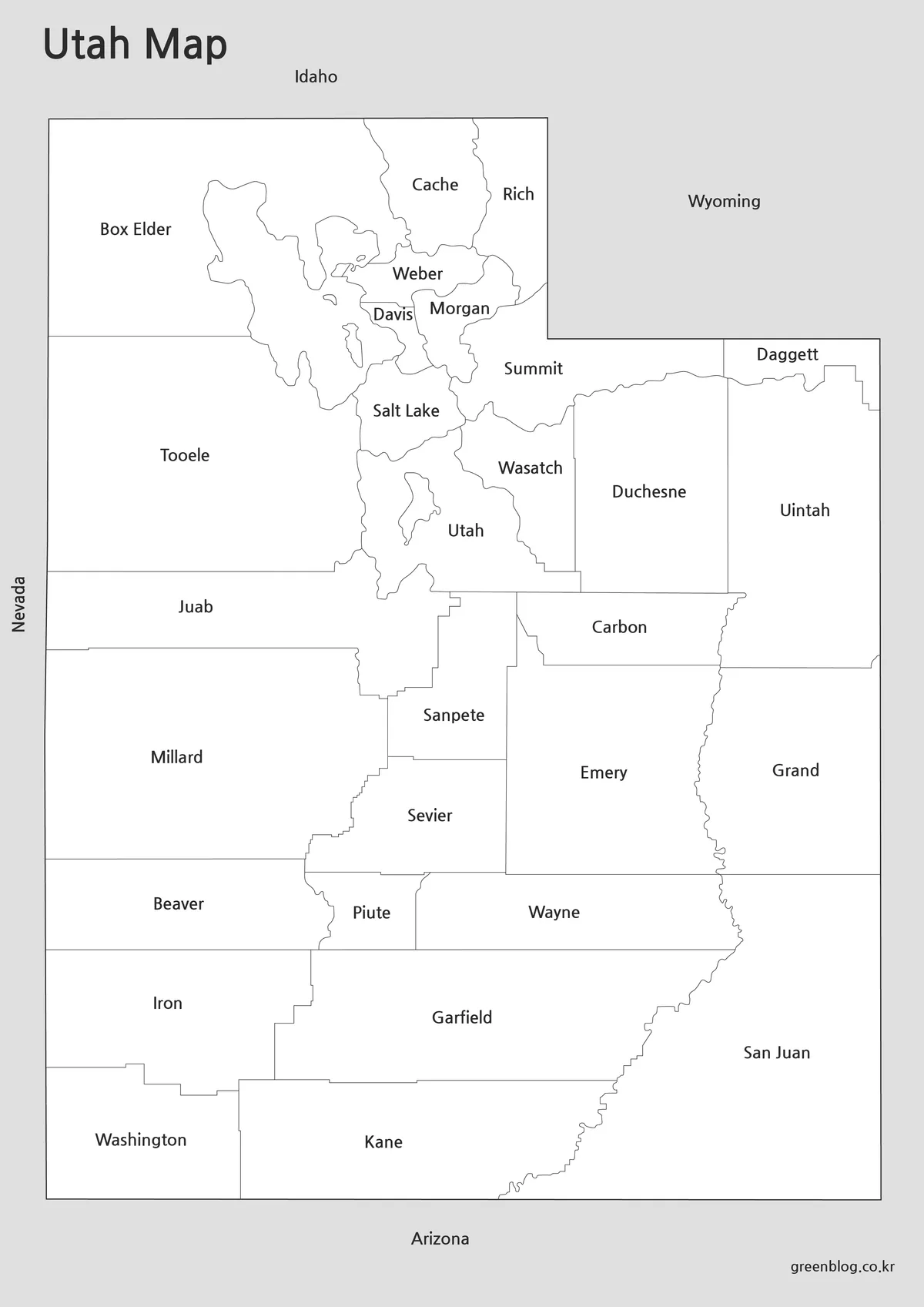 Printable black and white Utah Map with labeled regional boundaries