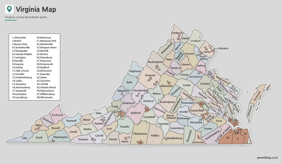 Printable Virginia Map collection with color, labeled, and outline versions