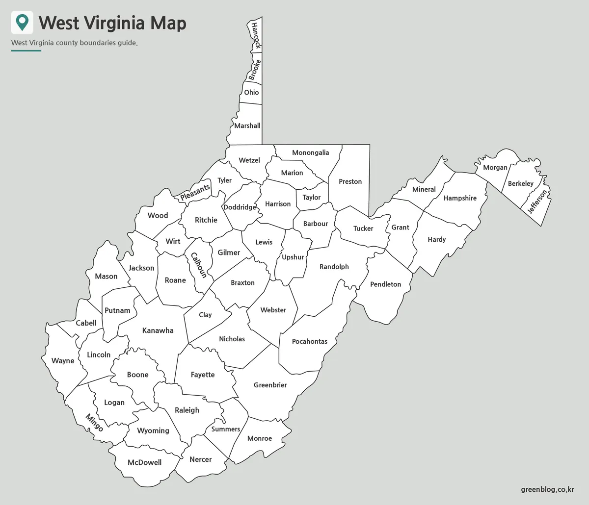 Printable black and white West Virginia Map with county names and boundaries