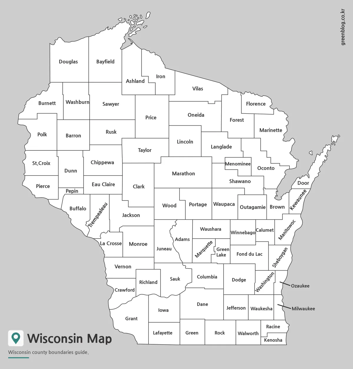 Printable Wisconsin Map with county names and boundary lines.