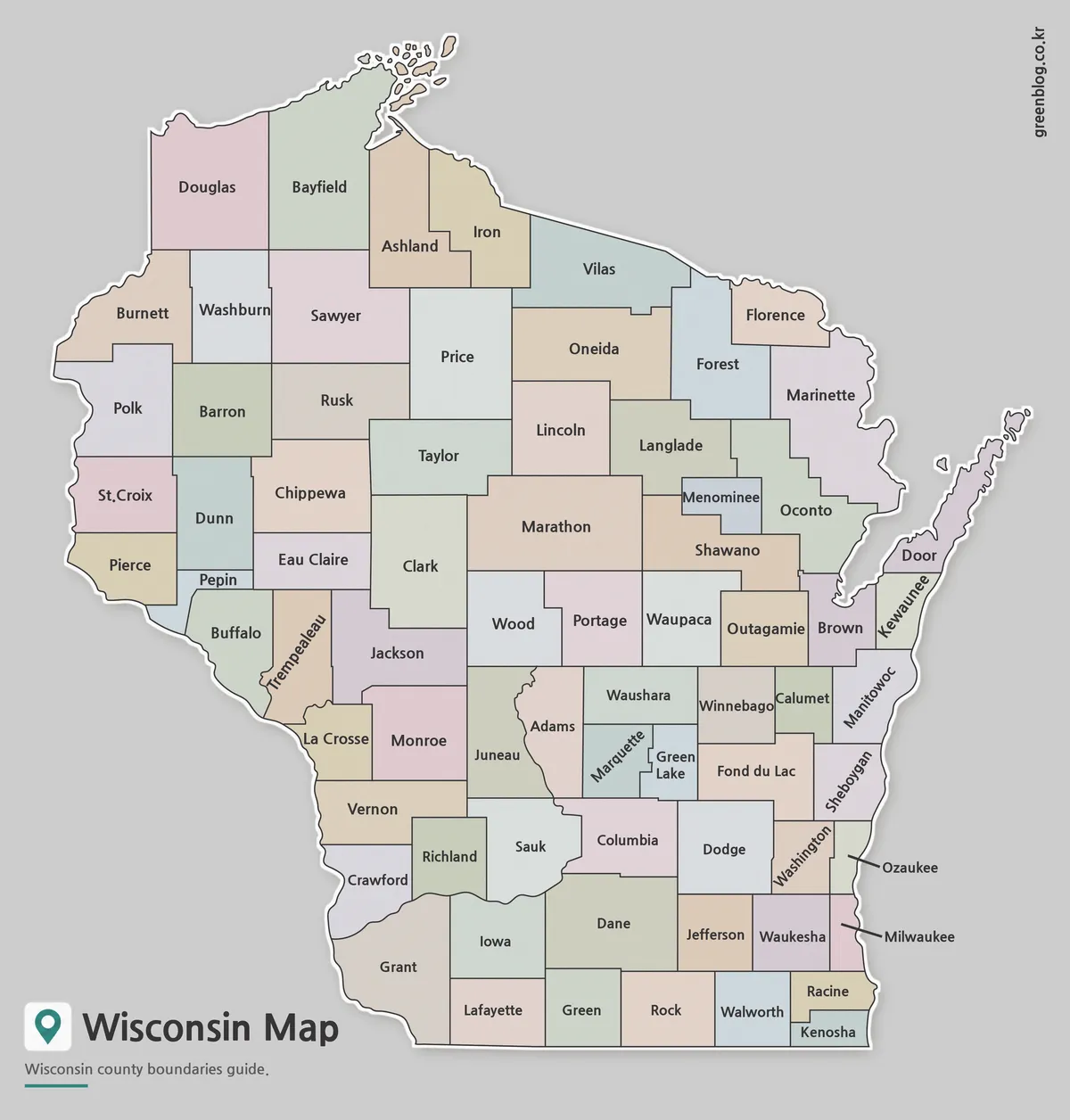 High-resolution Wisconsin Map with color-coded county boundaries.