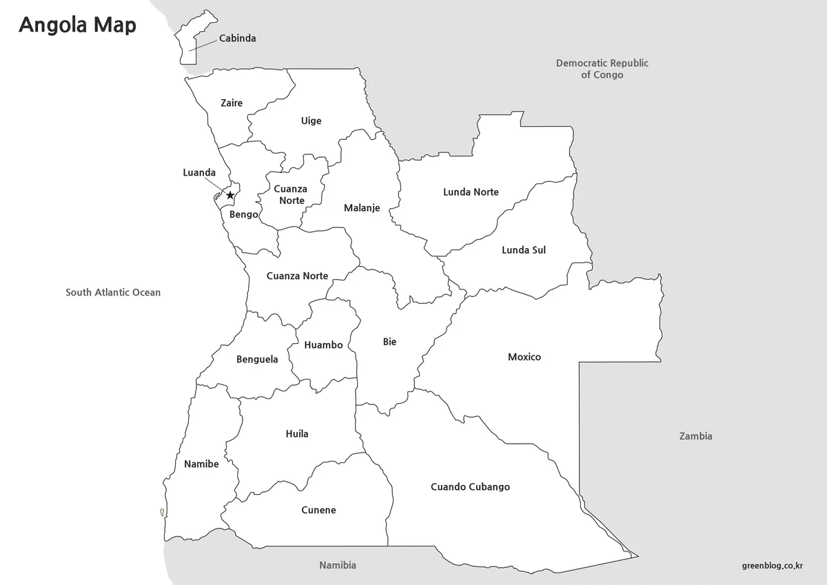 Printable Angola map with administrative labels and capital city location.