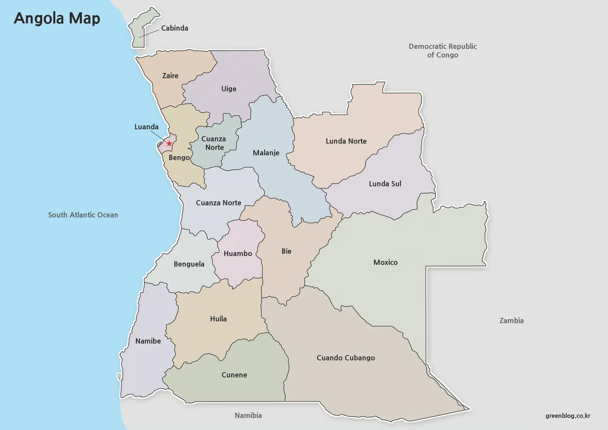 Printable Angola map collection with color, labeled, and outline versions for educational and presentation use.