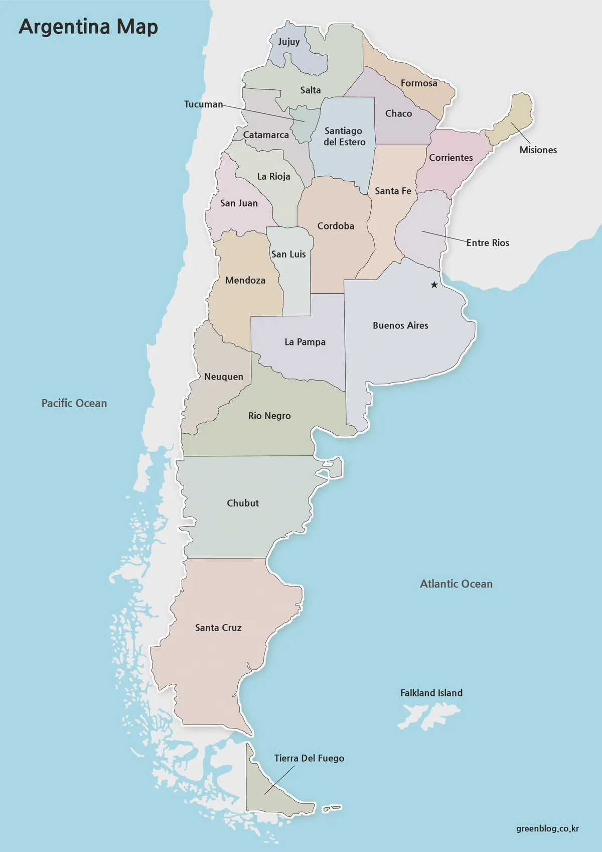 High-resolution Argentina color map showing provincial boundaries for educational and presentation use.