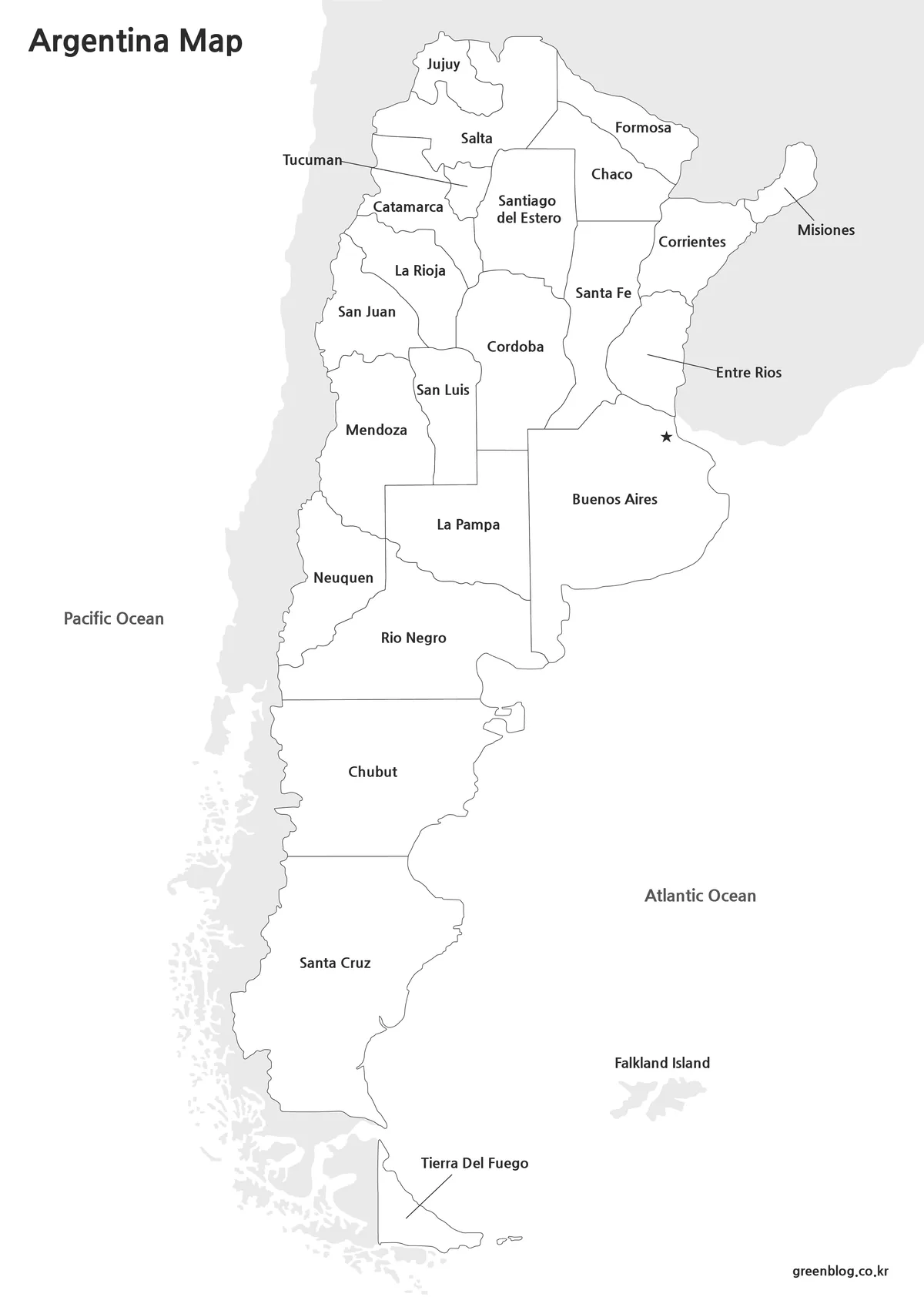 Printable black and white Argentina map with labeled provincial divisions.