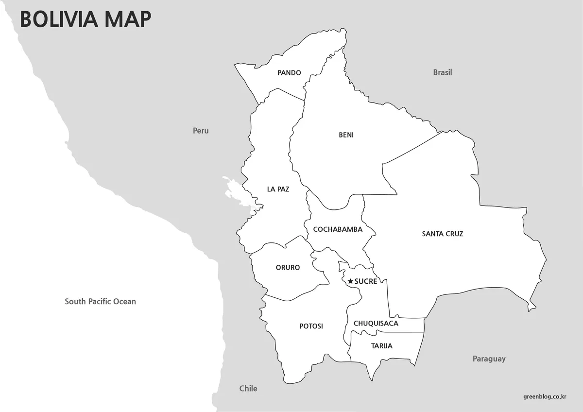 Black and white Bolivia map suitable for printing and educational worksheets.