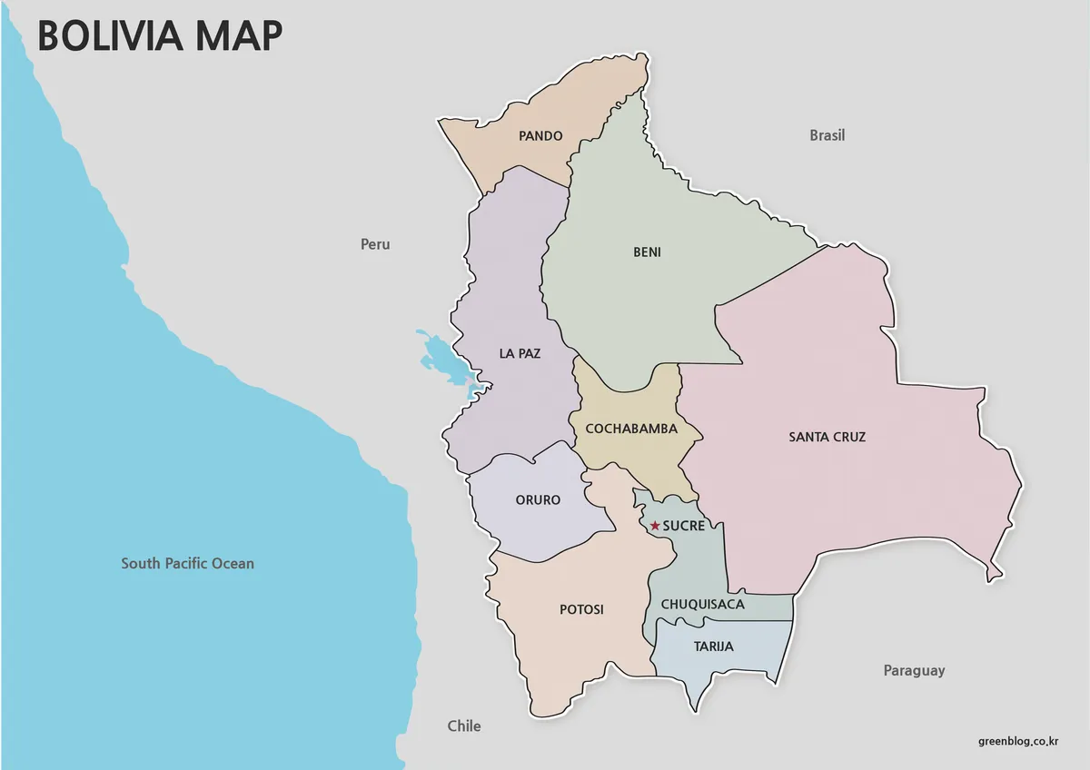 Printable Bolivia map collection with color, labeled, black and white, and outline versions.