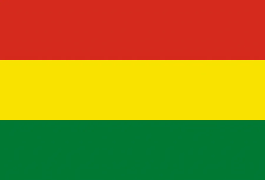 National flag of Bolivia with horizontal red, yellow, and green stripes and the Bolivian coat of arms in the center.