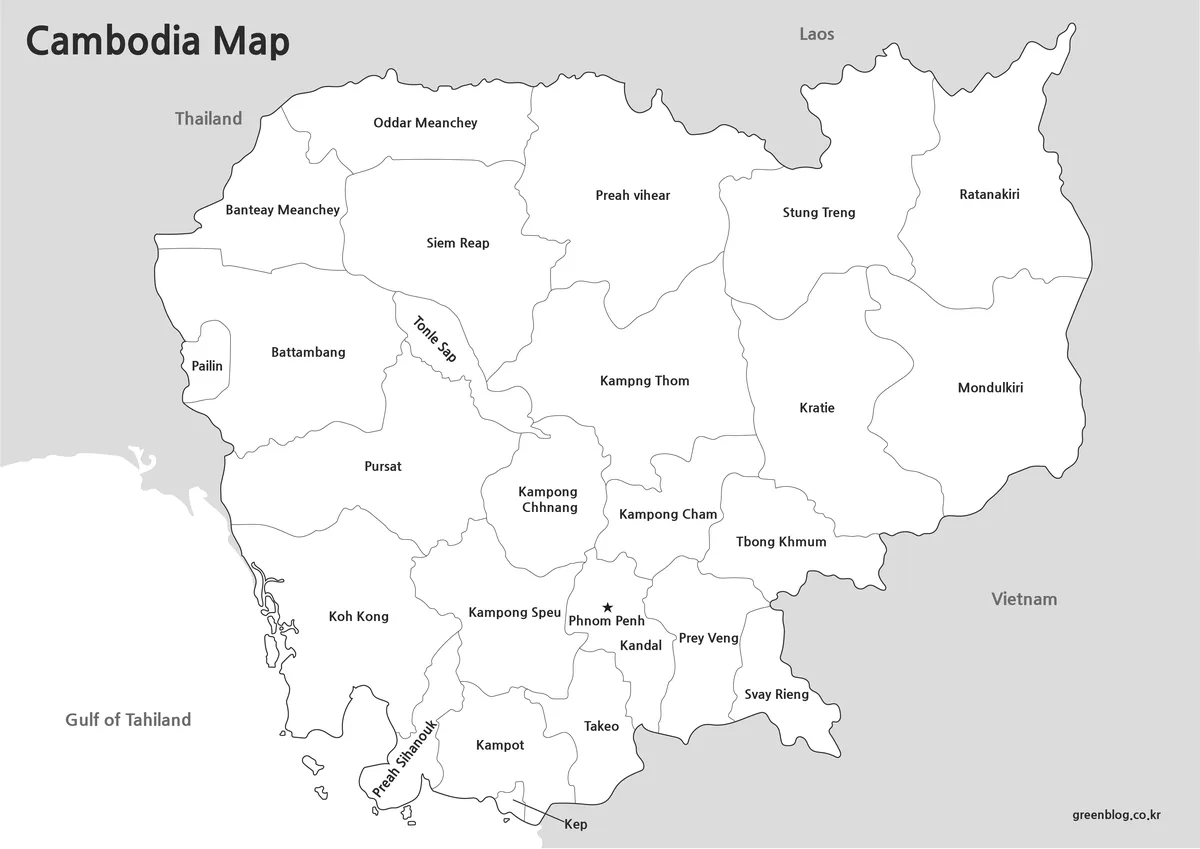 Printable Cambodia black and white map with provincial boundaries
