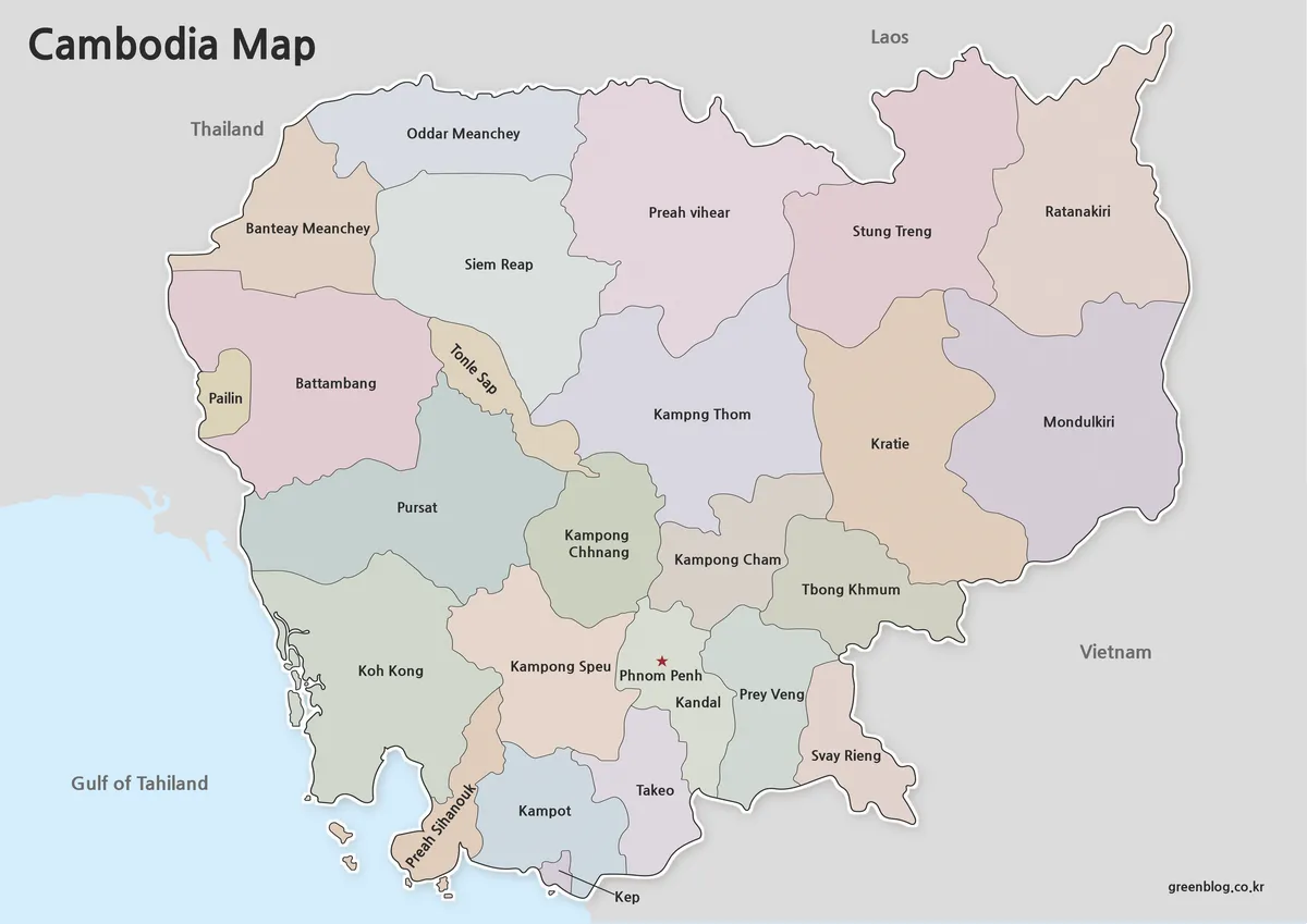 Printable Cambodia map collection with color, black and white, and outline map versions