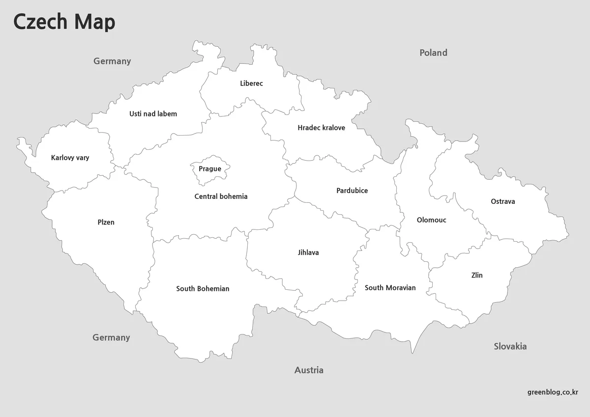 Printable black and white Czech Republic map for worksheets and reference materials.