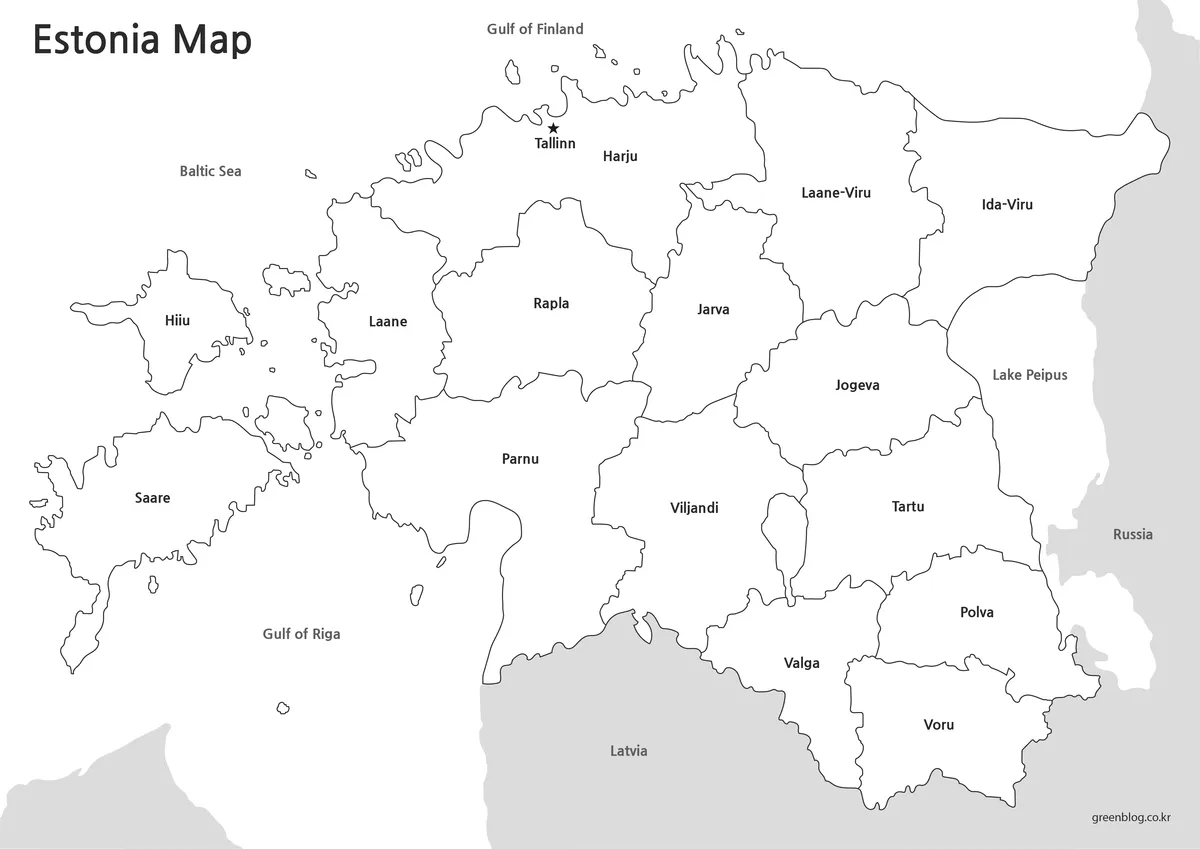 Printable black and white Estonia map with regional boundaries and labels.