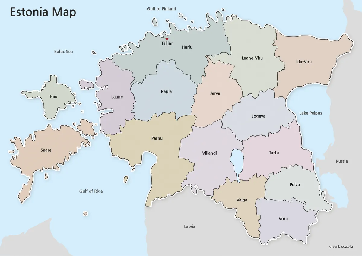 High resolution Estonia color map with regional labels for educational and presentation use.