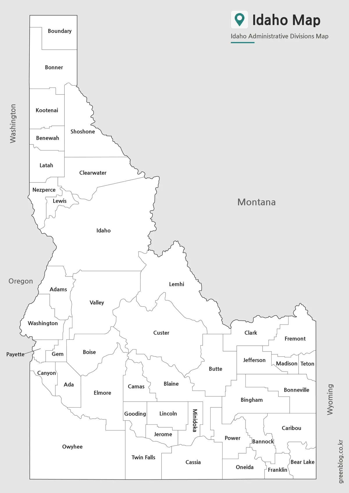 Printable Idaho County Map with county labels and boundary lines in black and white format.