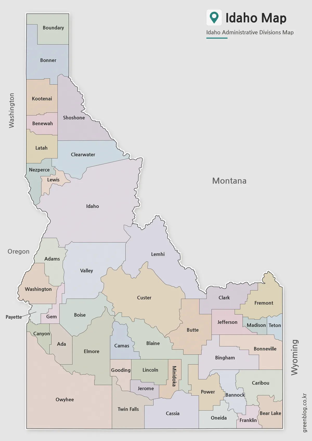 Printable Idaho County Map with color, labeled, and outline versions