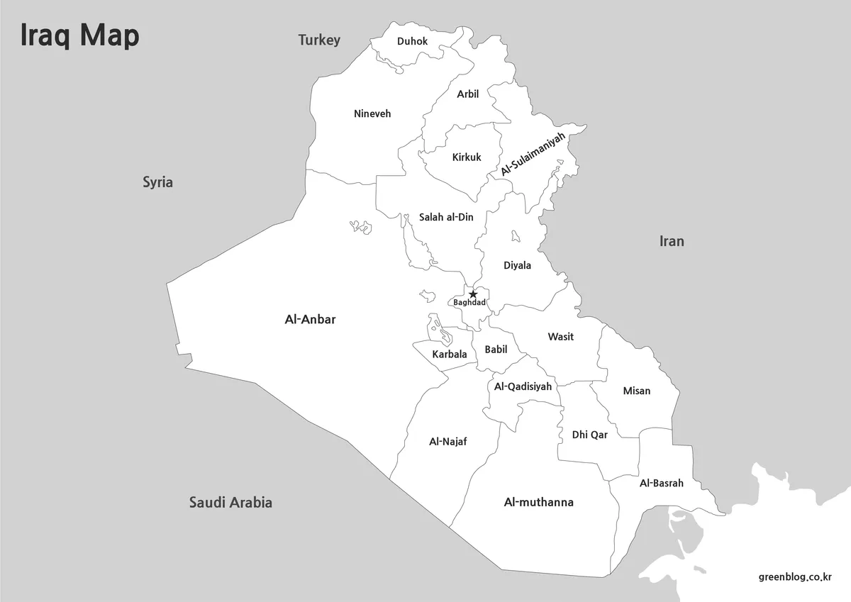 Printable black and white Iraq map with clear regional boundaries.