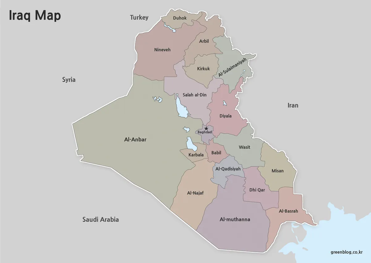 Printable Iraq map collection with color, black and white, and outline versions