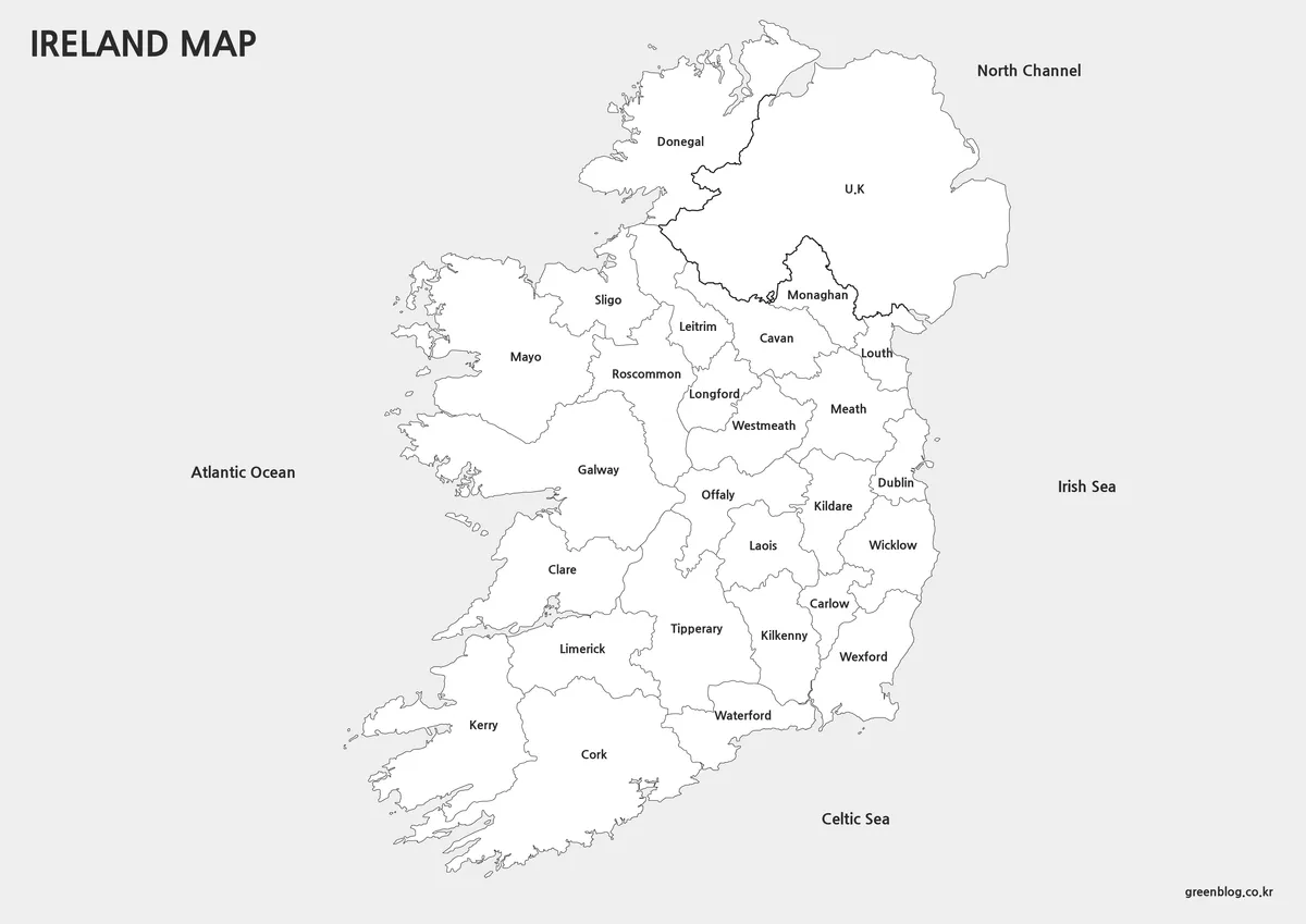 Printable Ireland map with labels and administrative boundaries.