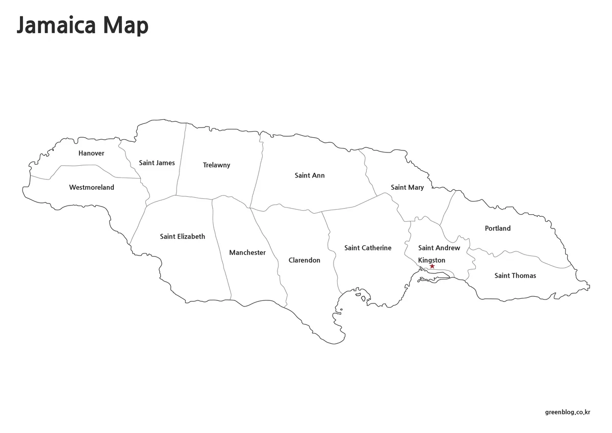 Printable black and white Jamaica map with labeled regional divisions.