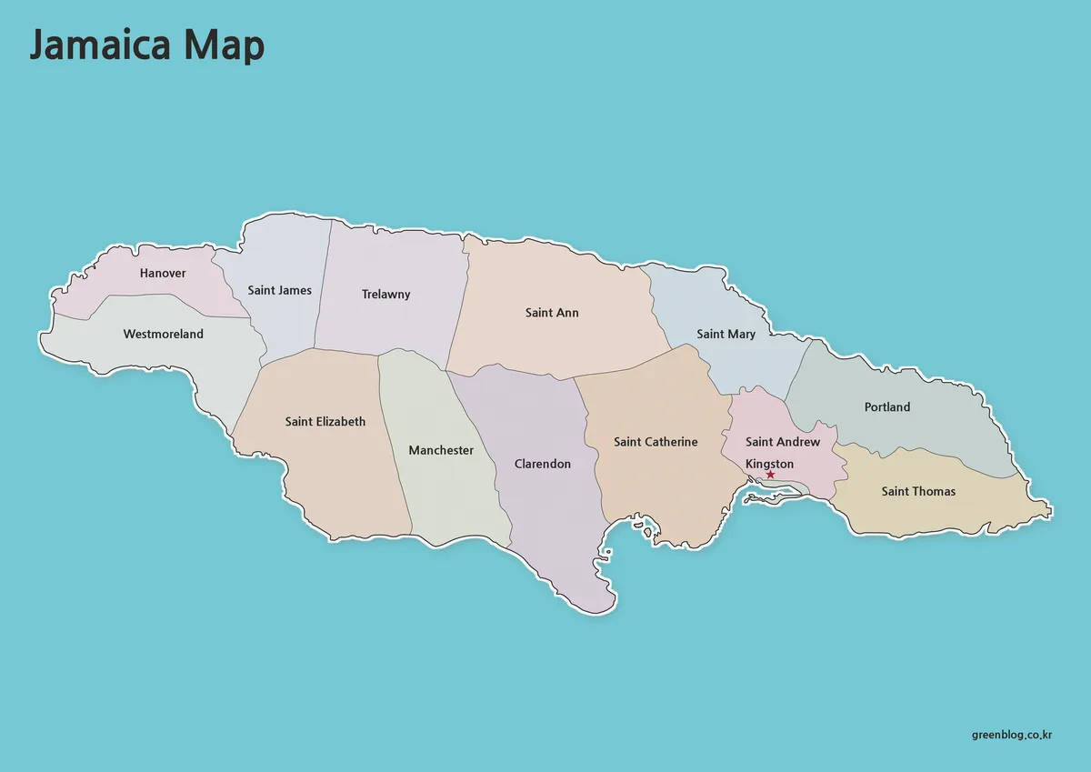 Printable Jamaica map collection featuring color, black and white, and outline versions.