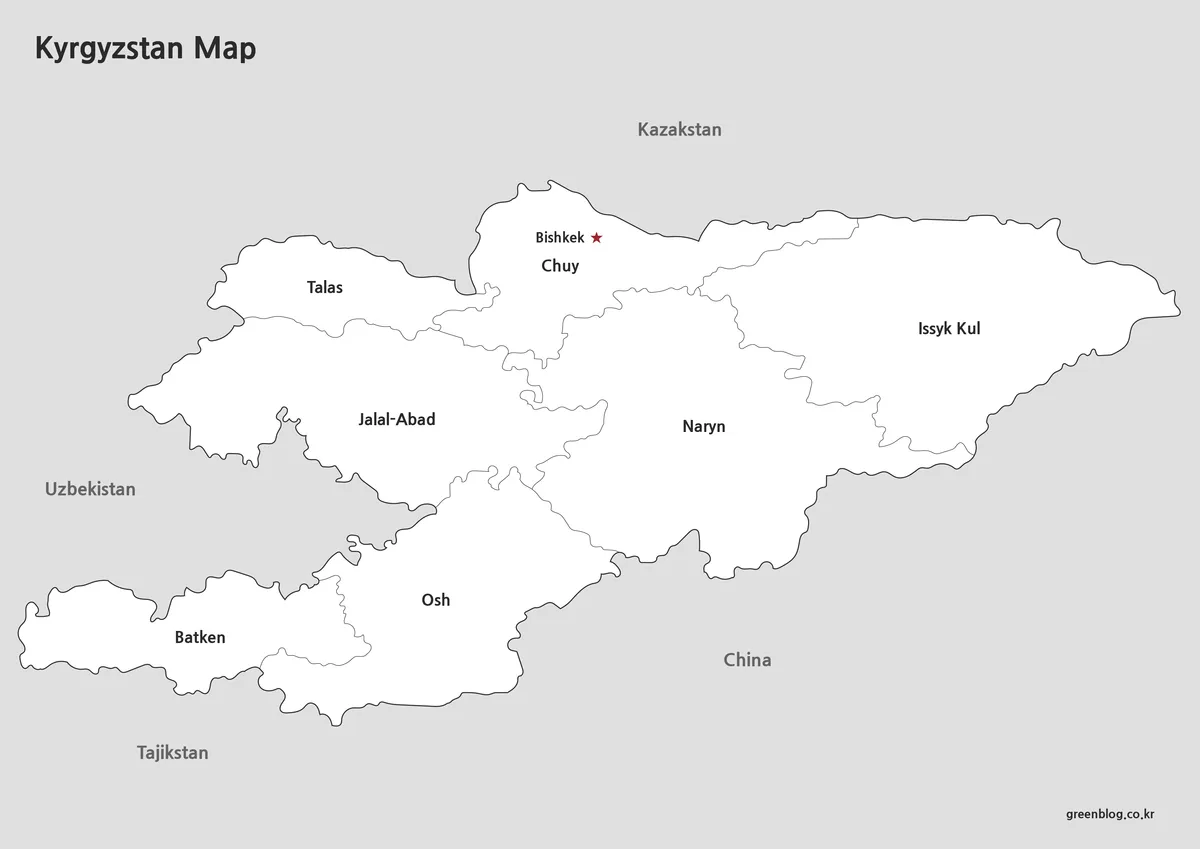 Printable Kyrgyzstan map with regional boundaries in black and white