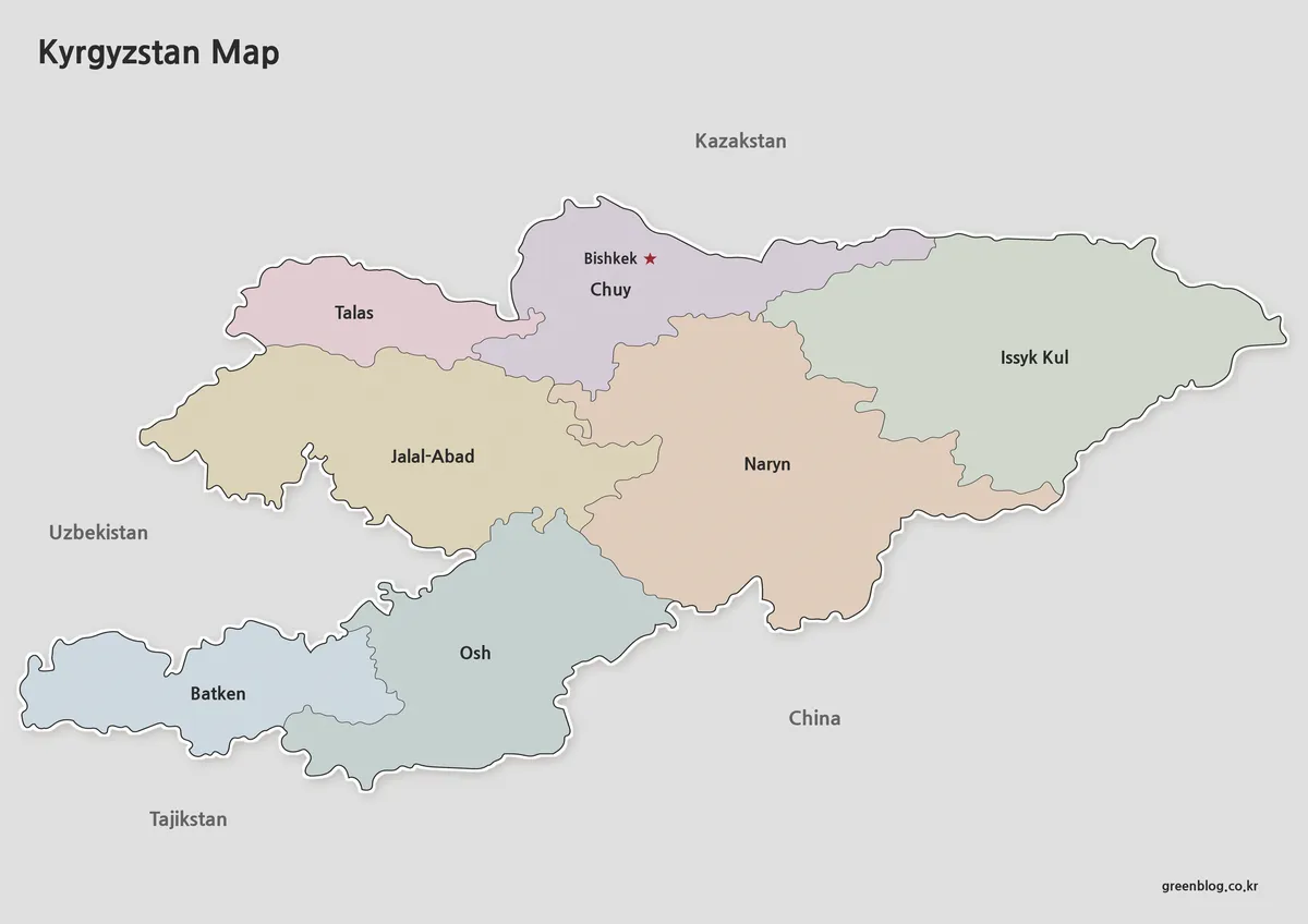 Printable Kyrgyzstan map collection with color, black and white, and outline map versions
